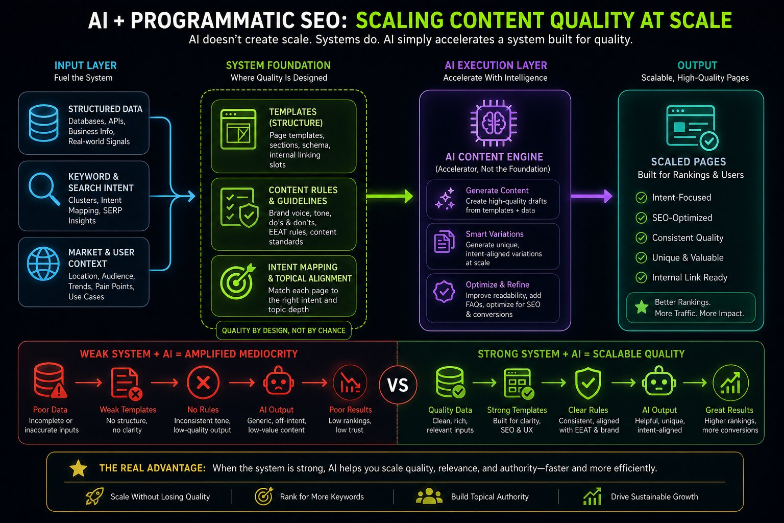 AI programmatic SEO system showing how structured data, templates, and intent mapping enable scalable high-quality content generation