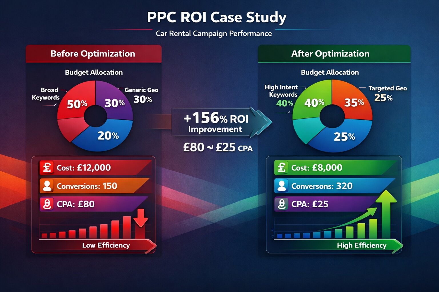 Modern PPC ROI case study infographic comparing car rental campaign performance before and after optimization