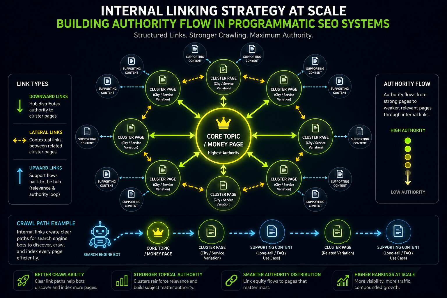 Internal linking strategy diagram showing authority flow in programmatic SEO with hub pages, clusters, and contextual links