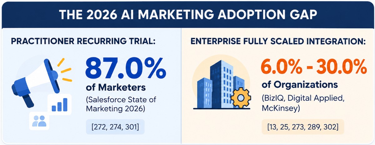Bar chart comparing 87% of marketers using GenAI in recurring workflows with 24.2% of marketing workload involving AI and 19.8% of US firms using AI in 2026
