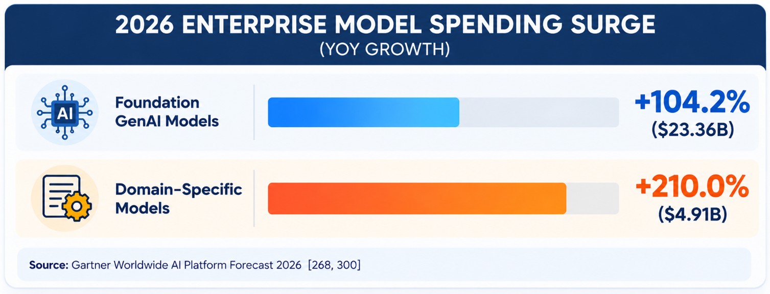 Bar chart of 2026 year-over-year spending growth: foundation generative AI models up 104.2 percent and domain-specific language models up 210 percent