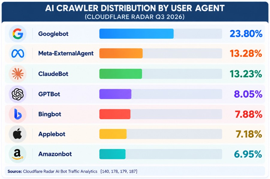 Chart of AI crawler requests by purpose and user agent from Cloudflare Radar Q3 2026, with search-purpose crawling at 8.26 percent