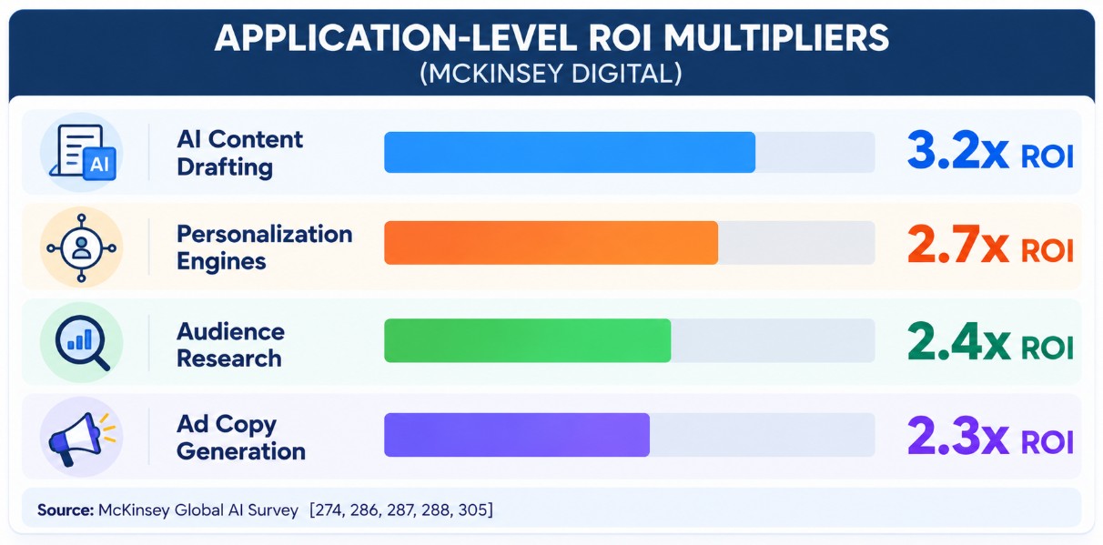 Bar chart of application-level AI marketing ROI multipliers from McKinsey Digital: content drafting 3.2x, personalization 2.7x, audience research 2.4x, ad copy 2.3x