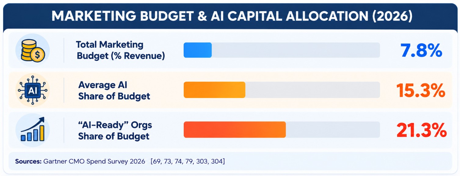 Chart of 2026 marketing budget showing 15.3 percent allocated to AI and 21.3 percent for AI-ready organizations
