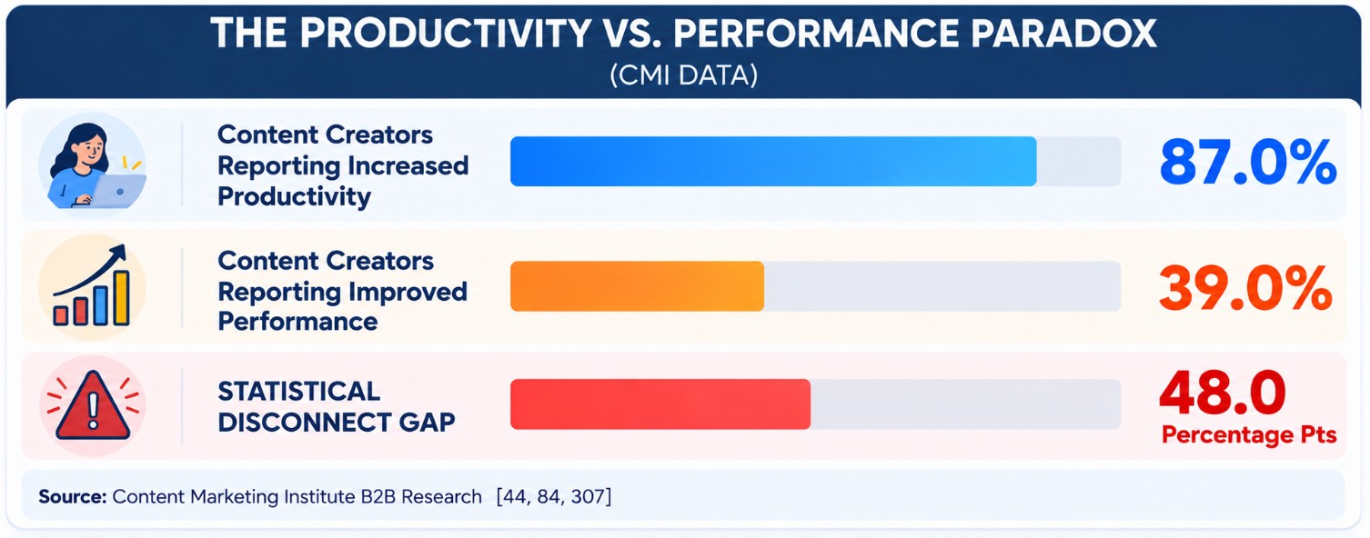 Chart showing 87 percent of B2B content creators report higher AI productivity but only 39 percent report improved content performance