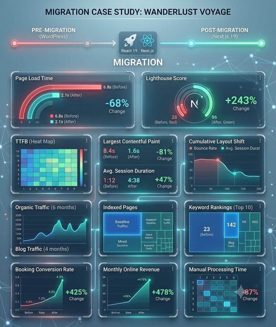 Case study results before and after Migration to Nextjs from Wordpress